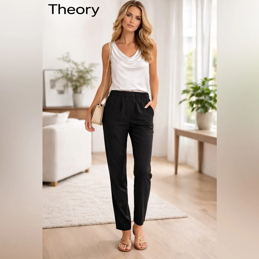 Theory,Eco-Crunch Wash, Pull-On Tailored Trouser Black Minimalist Pant,Size 4